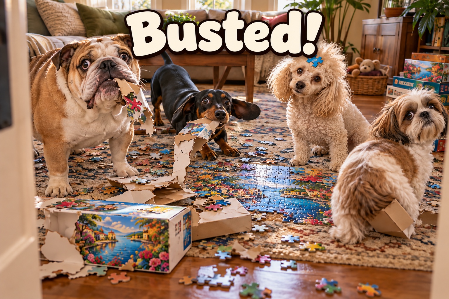 Busted! Four dogs caught making a joyful mess of their puzzle party.