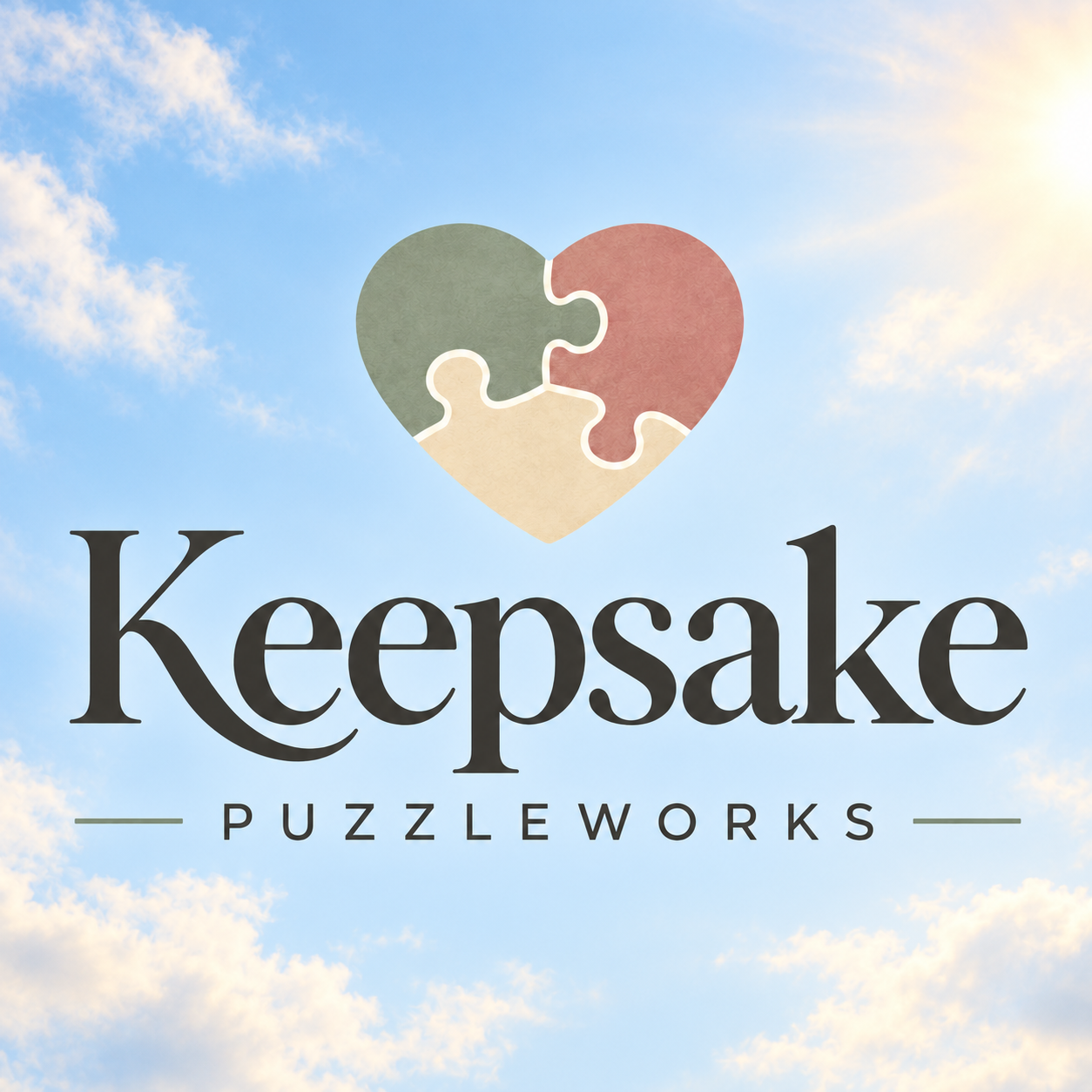 Keepsake PuzzleWorks — a puzzle heart beneath a sunny blue sky